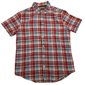Prince & Fox Mens S Red Blue Plaid Linen Cotton Short Sleeve Button Down Shirt